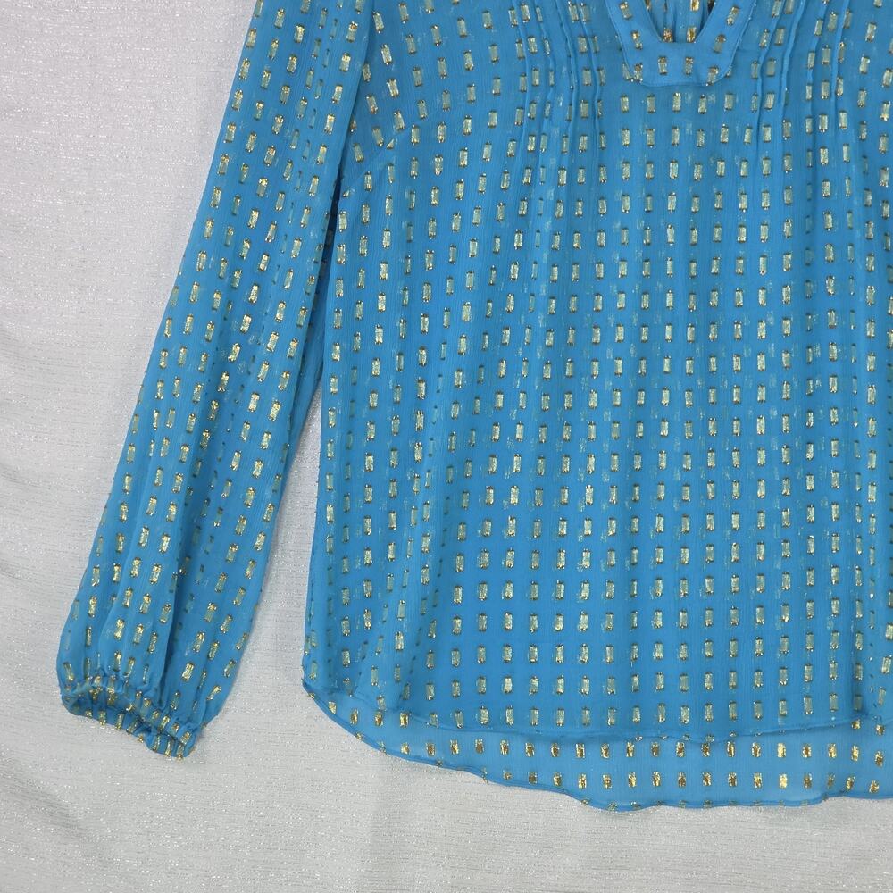 Lilly Pulitzer Colby Blue Silk Tunic Long Sleeve Blouse Sheer Gold Metallic Sm - Picture 2 of 6